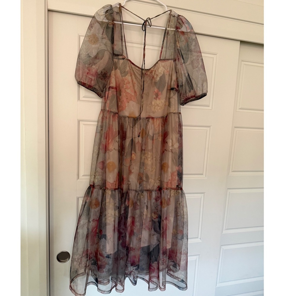 H&M sz M Sheer Floral Puff Sleeve Tiered Tulle Midi Maxi Dress Whimsical Fairy - Picture 9 of 14